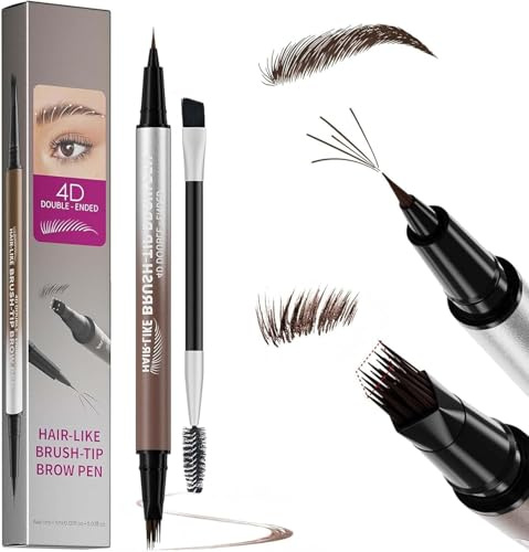 2-en-1 Crayon Sourcils Waterproof - Microblading Sourcils Maquillage Femme avec Pointe Fourche 4D et Pointe de Précision 0,1 mm, Crayon Sourcil Longue Tenue avec Brosse (Brun Foncé)