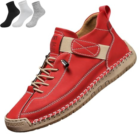 Kvinnors lädersneakers, kvinnor handgjorda läder bekväma skor dra på ortopediska stövlar skor, Röd, 8 UK Wide
