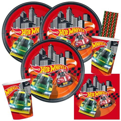 BeenSmile Party-Set Hot Wheels – Racing Car – för 8 barn | Papptallrikar, pappersmuggar, servetter, papperssugrör för barns födelsedag