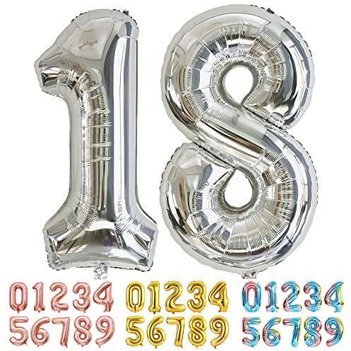 Ponmoo Foil Balloon Number 18/81 Silver, Giant Numbers 0 1 2 3 4 5 6 7 8 9 10-19 20-29 30-39 40-49 50-60-70-80-90-100, Large Balloons for Wedding Anniversary Birthday Party Decoration