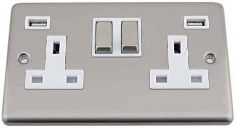 A5 USB Socket 2 Gang - Satin Matt Chrome Classic - White Insert - Metal Rocker Switch