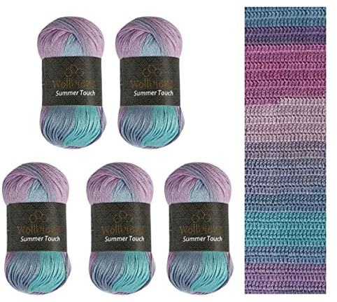 Wollbiene Summer Touch Batik Lot de 5 pelotes de laine multicolore avec dégradé de couleur, 500 g de laine mercerisée en microfibre acrylique (507 turquoise violet)