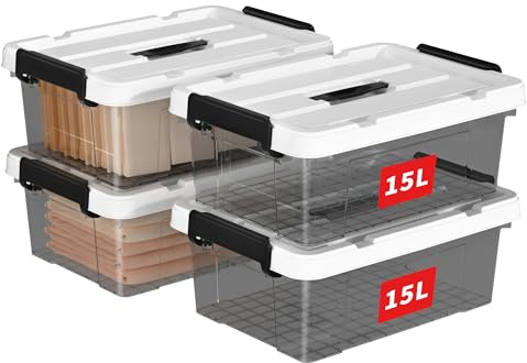 Cetomo 15L*4 Scatole di Stoccaggio in Plastica, Scatole Portaoggetti con Coperchio, Organizzatore con Manico, Contenitori per Casa e Ufficio, Impilabile, Resistente, Nero Chiaro, 15L - Confezione da 4