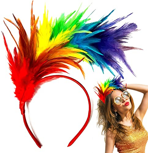PLATEYTR Bandeau à Plumes Colorées Fascinateur Coiffe de Carnaval Serre-Têtes Arc-en-Ciel Cerceau Cheveux Cosplay Costume pour Pâques Mariage Halloween, 24 x 22 cm/ 9,5 x 8,7 Pouces