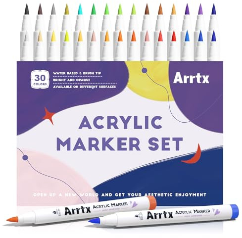 Arrtx Pennarelli Acrilici 30B, Marcatori di vernice acrilica, punta del pennello, per la pittura su roccia, legno, ceramica, vetro, tela, metallo e progetti fai da te