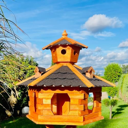 DARLUX Mangeoire hexagonale en bois fabriquée à la main - Résistant aux intempéries - Tailles M à XXL - Avec et sans support - Taille XXL - Sans support - Noir - Marron