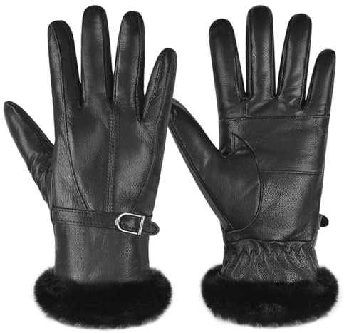 Harssidanzar Damen Lederhandschuhe Winter Thermo handschuhe Kleid Lederhandschuhe Fell gefüttert für kaltes Wetter SL022EU,Schwarz,Größe M