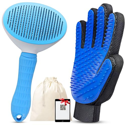 SALVAYRO® Spazzola per Cani e Gatti e Pelo Corto e Lungo + Guanto in Silicone + borsa di stoccaggio + Guida Digitale | Kit Completo Pettine e Guanto, Rimuove i Peli Sciolti, Migliora il Benessere.