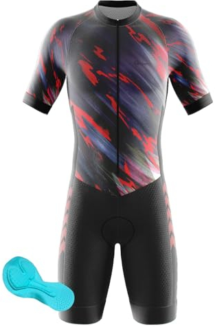 2024 Triathlon Tri Costume, Trik Tri Costume pour Hommes - Mens Manches Courtes Tri Skinsuit 3D Gel Coussin Solide Tenue VTT Combinaison Vélo Jersey Respirant Séchage (1,4XL)