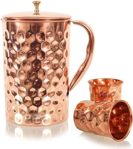 Wasserkrug aus Kupfer – 1,6 Liter ayurvedischer Krug mit 2 Gläsern, diamantgehämmerte Oberfläche