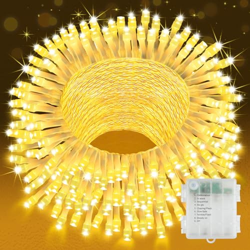 YIFMOO Ljusslinga, utomhusbatteri, 20 m, 200 LED, julbelysning med timer, 8 lägen, varmvit ljuskedja inomhus, vattentät ljuskedjor för rum, fest, balkong, julgran, dekoration