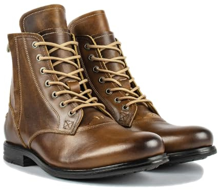 LMUIPMAA Bottines Lacets Homme Rétro Biker Bottes De Moto Hiver Fermeture Éclair Combat Bottes,Marron,48 EU