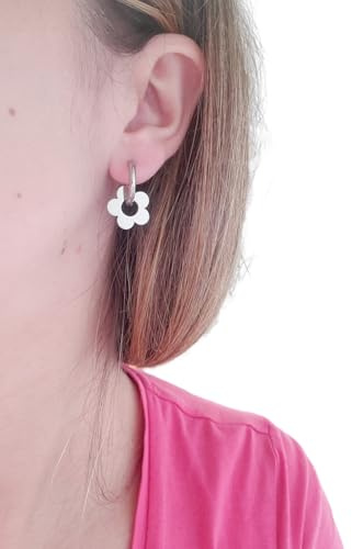 Boucles d'oreilles fleurs anneaux créoles acier inoxydable Or/Argent femme et fille fait main cadeau anniversaire, noel (Argent)