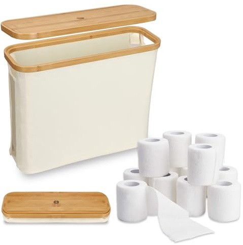Cesta de Papel Higiénico, 43.5 * 14.5 * 35cm Organizador Papel Higienico Soporte de Almacenamiento de Papel Higiénico Estante de Papel higiénico con Tapa para 12 Rollos de Papel Higiénico (Beige)