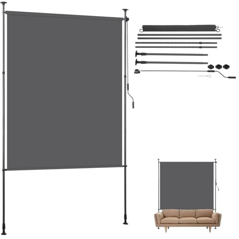 Hebitod Klemmmarkise Senkrechtmarkise,Außen Balkonrollo 1.2 m x 2.7m, Sonnenschutz Vertikalmarkise mit Beschichtung, Sichtschutz Fensterrollos Anthrazit
