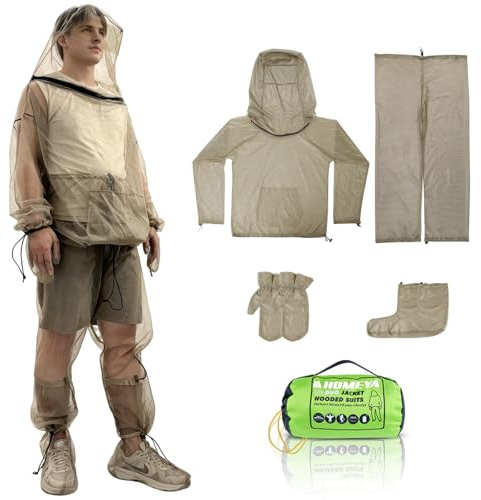 4-Piece Net Suit XXL, Full Body Jacket with Zippered Hood, Pants, Gloves & Foot Covers, Durable Breathable Mesh, Adjustable Fit for Men & Women, Lightweight for Outdoor, Camping, Fishing & Gardening