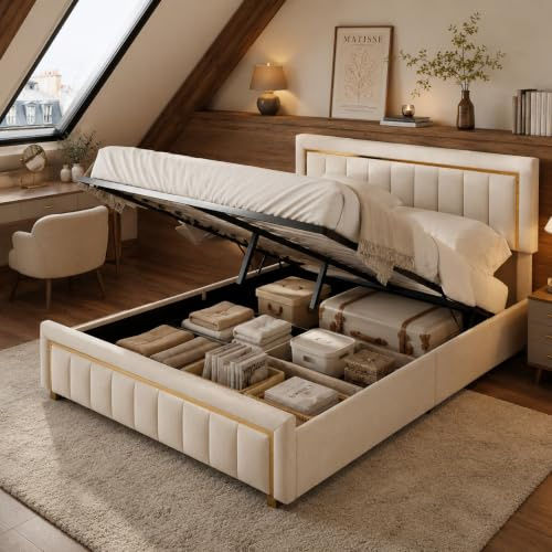 YNYHTER 160 x 200 stoppad säng, säng med sänglåda och lameller, modernt mjukt sammetstyg, sängar med hydrauliskt förvaringsutrymme och sänggavel (ljusbeige B, 160 x 200 cm)