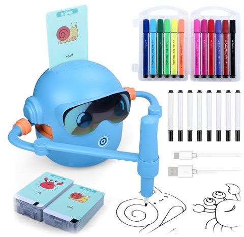 MMOBIEL Robot de Dibujo para Niños Juguete Educativo Interactivo con 100 Tarjetas, 12 Rotuladores de Colores, Guía por Voz y Batería USB-C – Regalo Creativo para 3-9 Años - Azul
