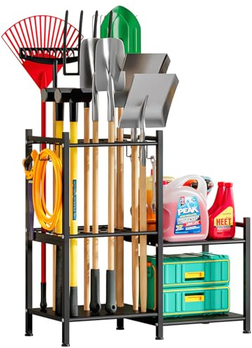 Taotigzu Scaffale per attrezzi da giardino con ganci mobili,porta attrezzi da giardino in metallo per scopa, rastrello, pala, deposito attrezzi da giardino con stoccaggio classificato