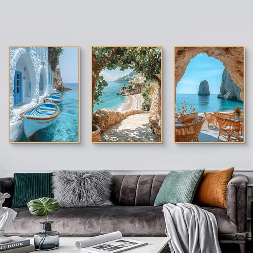 TROYSINC Set di 3 poster di architettura mediterranea, panorami estetici sulle isole greche, case in pietra sul mare, paesaggio, decorazione da parete per soggiorno, senza cornice (B, 30 x 40 cm)
