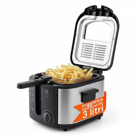 Avilia - Friggitrice Elettrica in Acciaio Inossidabile 3 Litri con Termostato Regolabile, Cestello Rimovibile, Coperchio con Finestra di Controllo e Filtro Anti-Odori per Uso Domestico