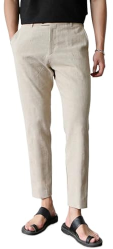 GINGTTO Linen Trousers Men Stretch Slim Suit Dress Pants Khaki 36