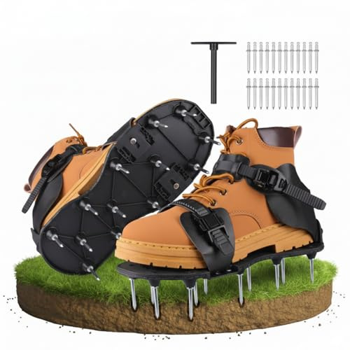 Scarpe Chiodate per Arieggiare il Prato - Scarpe Arieggiatore per Giardino con 26 Punte in Acciaio e Cinghie Regolabili, Ideali per Manutenzione del Prato e Arieggiatura del Terreno (Nero)