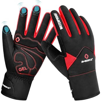 INBIKE Gants Velo VTT Ski Hiver Homme Cyclisme Tactiles Chaud Travail Thermique Femme Chauffant Anti-Froid Coupe-Vent impremeable Rembourré Polaire Sports Rouge L