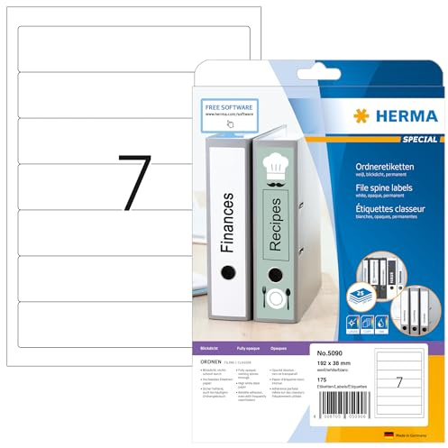 HERMA 5090 mappetiketter A4 ogenomskinlig, kort/smal (192 x 38 mm, 25 ark, papper, matt) självhäftande, utskrivbara, permanenta mappa ryggetiketter, 175 filetiketter, vit