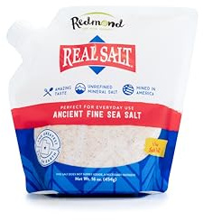 Sal fina Redmond Real Salt, bolsa de recambio de 454 g: sal marina pura y natural de Utah, sin tratar, de grano medio, rica en minerales