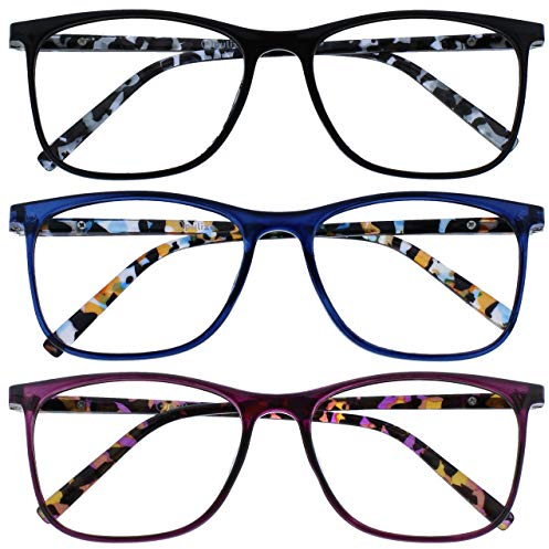 OPULIZE Arc Reading Glasses 3 Pack Stylish Slim Square Frame Spring Hinges Scratch Resistant Black Blue Purple Patterned Arms Mens Womens RRR66-135 +2.00