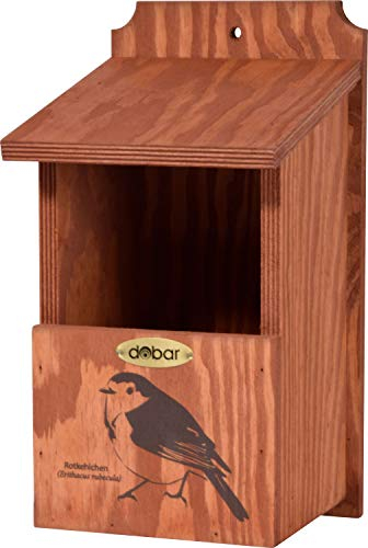 dobar® green label 22366FSCe Nistkasten Rotkehlchen - Halbhöhlenkasten aus Holz - Nisthilfe für Halbhöhlenbrüter - Nistplatz Halbhöhle mit Siebdruckmotiv Rotkehlchen - 17 x 18 x 32 cm - Braun