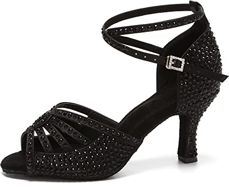 JUODVMP Sandali da Ballo con Strass da Donna Tacchi da Ballo Nero Glitterati Scarpe da Ballo Standard Latino-Salsa 7,5cm,37.5EU
