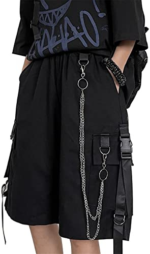 DINGJIUYAN Hip Hop Summer Shorts Men Black Ribbons Streetwear Bermuda Man Shorts Multi-Pocket Punk Casual Knee Length Short Pants Men