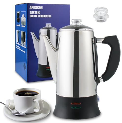 APOXCON 12-Cup Electric Coffee Machine with Cordless Server - CE Certified Stainless Steel Coffee percolator, Heat-Resistant Glass Knob, Multi-Use for Tea/Cocoa/Oatmeal, Fast Brew & 30mins Keep Warm