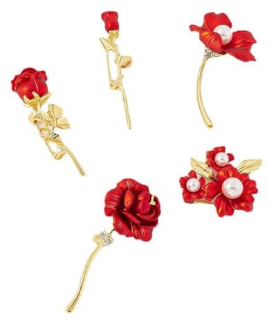 5 st rosbroscher för kvinnor pärla ros blomma brosch säkerhetsnålar röd ros brosch bröstbukett kostym bröstnål dekorativ blommig kavajnål för fest bankett bröllopstillbehör smycken gåva, Metall