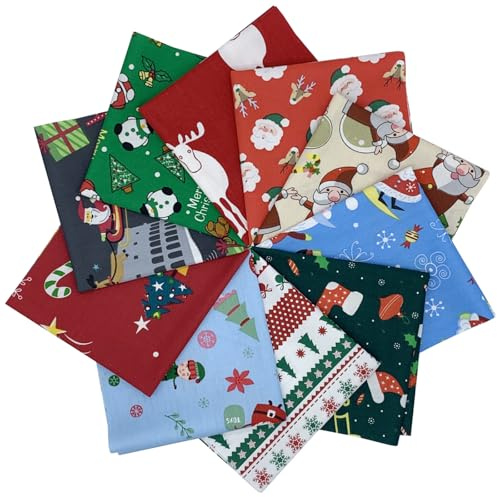 EDGEAM 10 Pezzi Tessuto Cotone 25x25cm Stoffa Patchwork Multicolore Tessuti per Cucito Tessuto Fai da te (Motivi Natalizi)