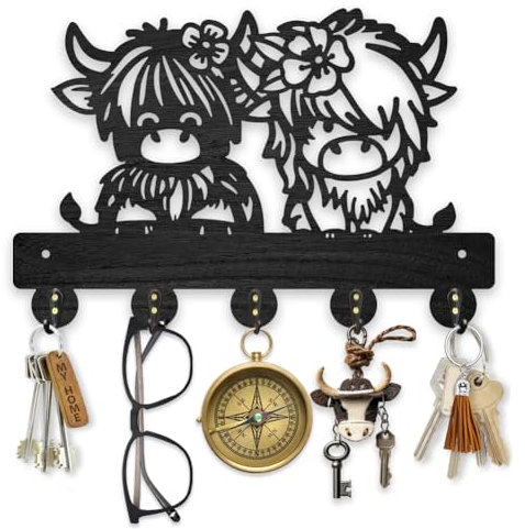 MAYJOYDIY Wooden Calf with Flower Key Holder for Wall 30x20cm Small Cows Wall Mounted Key Rack Animal Theme Coat Hat Hook 5 Alloy Hooks for Entryway Front Door Hallway Wall Art Decor
