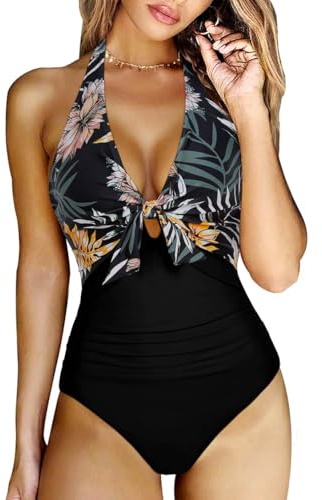 RXRXCOCO V Ausschnitt Push Up Sexy Badeanzug Damen Bauchweg Shape Bademode Neckholder Rückenfrei Badeanzug Mit Cups Swimsuit Schwarz Floarl XL