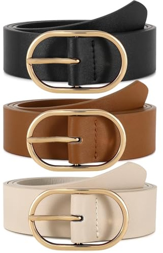 WERFORU Lot de 3 Ceintures en Cuir pour Femmes Ceinture Femme à la Mode avec Boucle Dorée pour Jeans, Pantalons et Robe,Noir/Marron/Beige