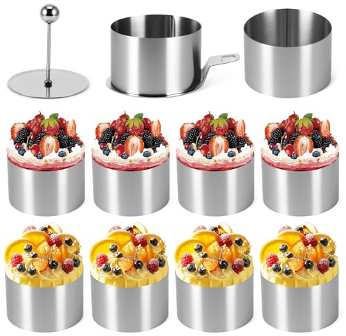 10 anillos de postre y anillos para alimentos, 8 cm, redondos, anillos para servir, anillos de postre de acero inoxidable con elevador y apisonador, pequeño anillo para tartas para la fabricación de