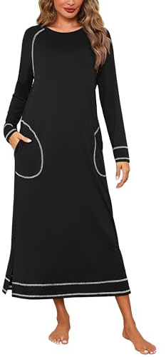 Litherday Chemise de Nuit Femme Coton à Manches Longues Hiver Ample | avec Col Rond et Poches