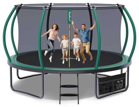 Trampolín para exteriores de 10 pies/12 pies, trampolines de jardín para niños pequeños y adultos con red de seguridad, escalera antideslizante, organizador de zapatos y doble protección contra el