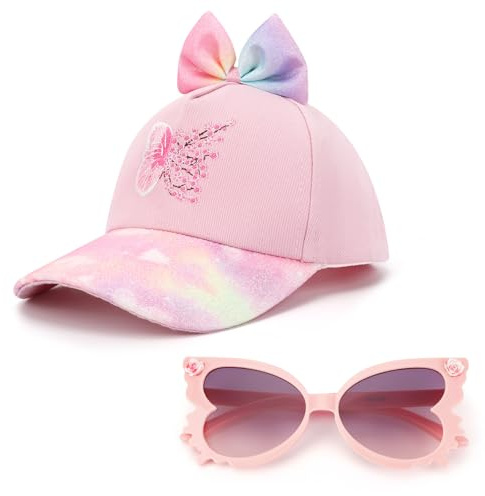 BTHRORO Casquette de Baseball Lunettes de Soleil pour Enfant Fille, Casquette Trucker à Joli Nœud Réglable Chapeau de Soleil pour Filles 3-8 Ans, pour l’Extérieur, Les Voyages et Les Loisirs