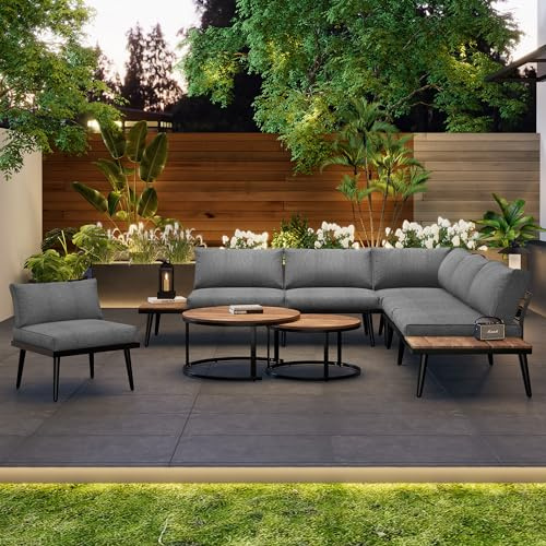 luckdect Salon de Jardin Exterieur 6 Places,Ensemble de Meubles d’Extérieur pour 7 à 8 Personnes avec 2 Canapé 2 Places,2 Canapés 1 Place,2 Table à Manger et Coussins