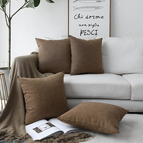 Home Brilliant Sofa Cushion Covers Burlap Faux Linen Square Pillows Cushion Cover for Bench Autumn Decor, Set of 4, 45 x 45cm, 18 inch, Brown
