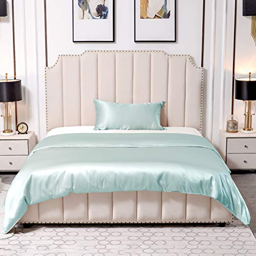 THXSILK 25 Momme 2-Piece Silk Bed Linen Set, Duvet Cover 155 x 220 cm and 40 x 80 cm Pillowcases, Hypoallergenic Mulberry Silk Bed Linen Set, Ultra Soft and Smooth, Light Blue
