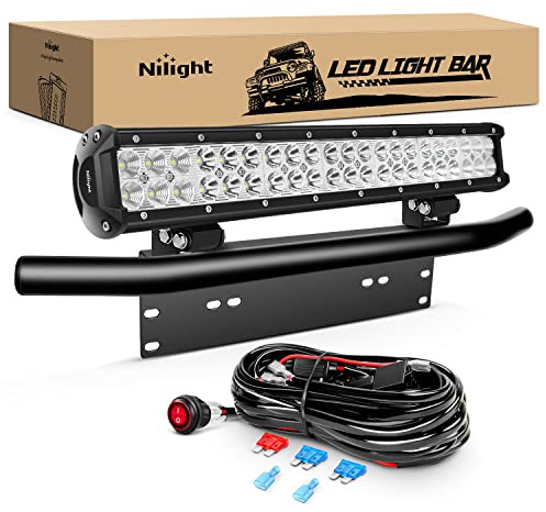 Nilight 20Inch 126W LED Light Bar Spot Flood Combo Driving Off Road with Front License Plate Mounting Bracket Wiring Harness for Trucks Pickup Car SUV ATV UTV 4x4 Van Camper, 2 Years Warranty