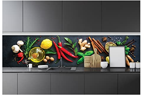 WallArena - Vlies Fototapete Küche Abwaschbar Gemüse Gewürze Kräuter Küchentapete 250x60 - Fototapeten - Tapeten - für Wohnzimmer Schlafzimmer - Vliestapete Wandtapete Tapete 3D Effekt- inkl. Kleister
