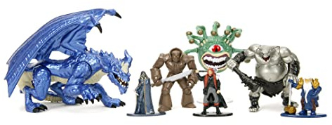Jada Toys Dungeons and Dragons Figuren Set (Mega Pack mit 7 Sammelfiguren in 3 Größen) - DND Figuren aus Metall ab 12 Jahre (Elf, Human Barbarian, Zwerg, Golem, Oger, Beholder, Drache,), 4-10 cm